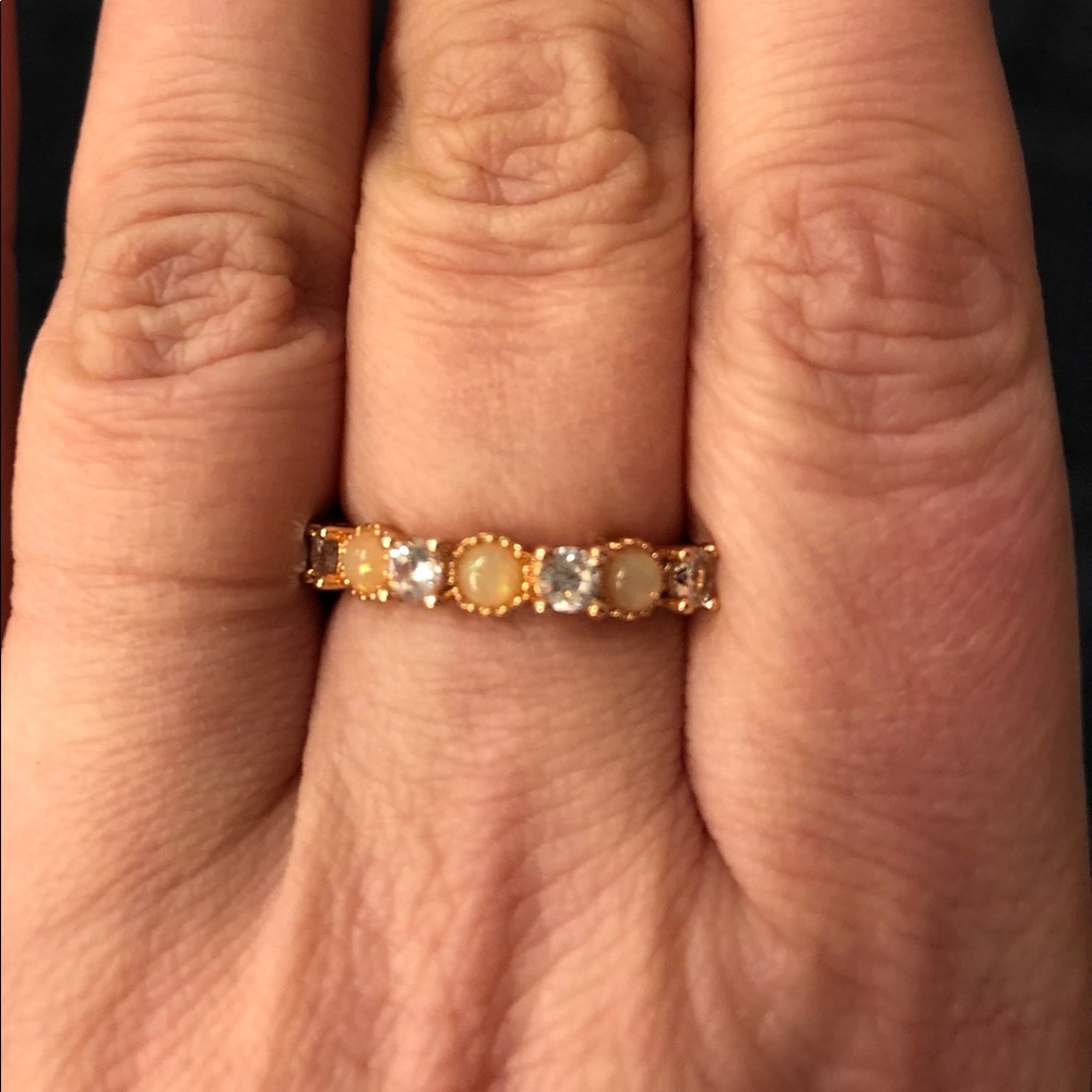 Rose gold tone faux opal and cz ring sz 8